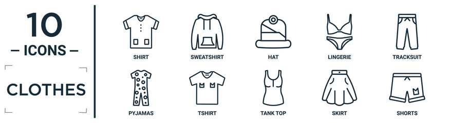 clothes linear icon set. includes thin line shirt, hat, tracksuit, tshirt, skirt, shorts, pyjamas icons for report, presentation, diagram, web design