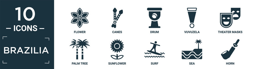 filled brazilia icon set. contain flat flower, canes, drum, vuvuzela, theater masks, palm tree, sunflower, surf, sea, horn icons in editable format..