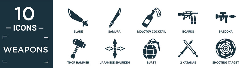 filled weapons icon set. contain flat blade, samurai, molotov cocktail, boards, bazooka, thor hammer, japanese shuriken, burst, 2 katanas, shooting target icons in editable format..