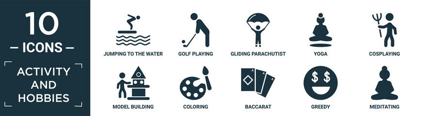 filled activity and hobbies icon set. contain flat jumping to the water, golf playing, gliding parachutist, yoga, cosplaying, model building, coloring, baccarat, greedy, meditating icons in editable.