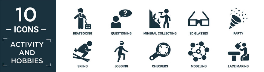 filled activity and hobbies icon set. contain flat beatboxing, questioning, mineral collecting, 3d glasses, party, skiing, jogging, checkers, modeling, lace making icons in editable format..