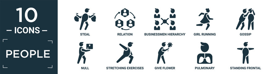 filled people icon set. contain flat steal, relation, businessmen hierarchy, girl running, gossip, null, stretching exercises, give flower, pulmonary, standing frontal man icons in editable format..
