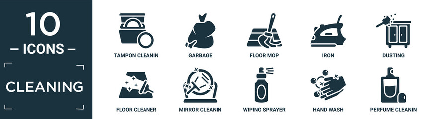 filled cleaning icon set. contain flat tampon cleanin, garbage, floor mop, iron, dusting, floor cleaner, mirror cleanin, wiping sprayer, hand wash, perfume cleanin icons in editable format..