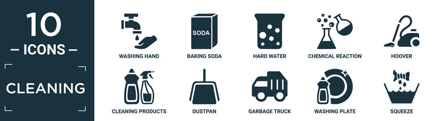 filled cleaning icon set. contain flat washing hand, baking soda, hard water, chemical reaction, hoover, cleaning products, dustpan, garbage truck, washing plate, squeeze icons in editable format..