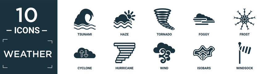 filled weather icon set. contain flat tsunami, haze, tornado, foggy, frost, cyclone, hurricane, wind, isobars, windsock icons in editable format..
