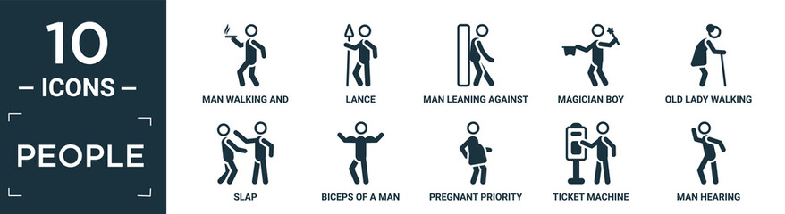 filled people icon set. contain flat man walking and smoking, lance, man leaning against the wall, magician boy, old lady walking, slap, biceps of a man, pregnant priority, ticket machine, hearing.