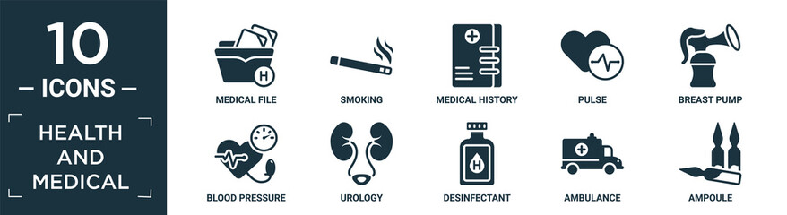 filled health and medical icon set. contain flat medical file, smoking, medical history, pulse, breast pump, blood pressure, urology, desinfectant, ambulance, ampoule icons in editable format..