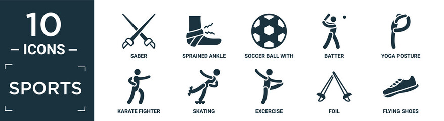 filled sports icon set. contain flat saber, sprained ankle, soccer ball with pentagons, batter, yoga posture, karate fighter, skating, excercise, foil, flying shoes icons in editable format..