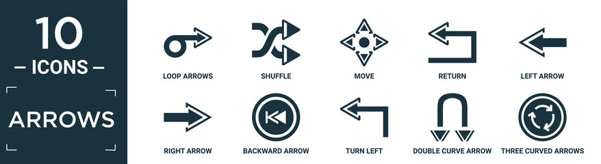 filled arrows icon set. contain flat loop arrows, shuffle, move, return, left arrow, right arrow, backward arrow, turn left, double curve three curved arrows icons in editable format..
