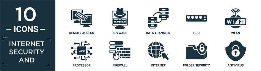 filled internet security and icon set. contain flat remote access, spyware, data transfer, hub, wlan, processor, firewall, internet, folder security, antivirus icons in editable format..