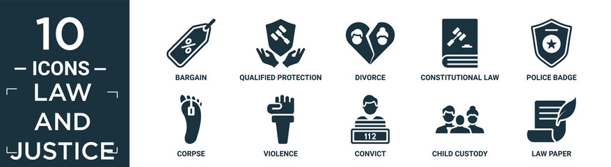filled law and justice icon set. contain flat bargain, qualified protection, divorce, constitutional law, police badge, corpse, violence, convict, child custody, law paper icons in editable format..