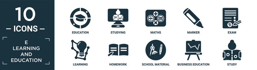 filled e learning and education icon set. contain flat education, studying, maths, marker, exam, learning, homework, school material, business education, study icons in editable format..