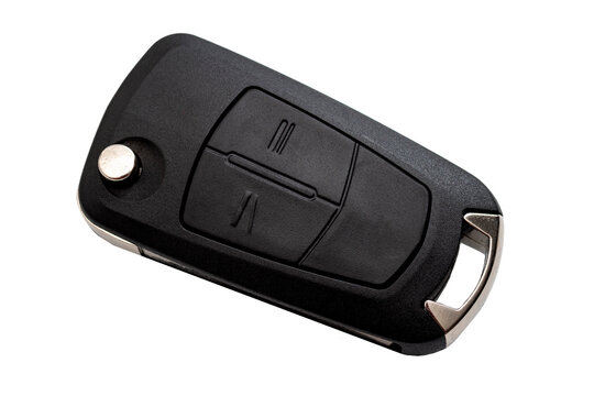 Wireless Remote Control Lock Or Unlock System, Vehicle Access And Secure Car Alarm Concept With Picture Of Electronic Automobile Key Isolated On White Background With Clipping Path Cutout