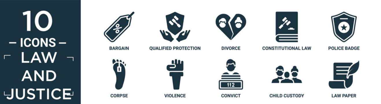 Filled Law And Justice Icon Set. Contain Flat Bargain, Qualified Protection, Divorce, Constitutional Law, Police Badge, Corpse, Violence, Convict, Child Custody, Law Paper Icons In Editable Format..