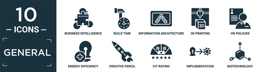 filled general icon set. contain flat business intelligence, build time, information architecture, 3d printing, hr policies, energy efficiency, creative pencil rocket, cit rating, implementation,.