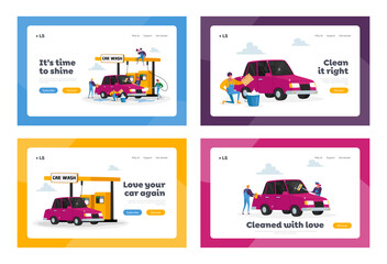 Car Wash Service Landing Page Template Set. Workers Characters Lather Automobile with Sponge and Pouring with Water Jet