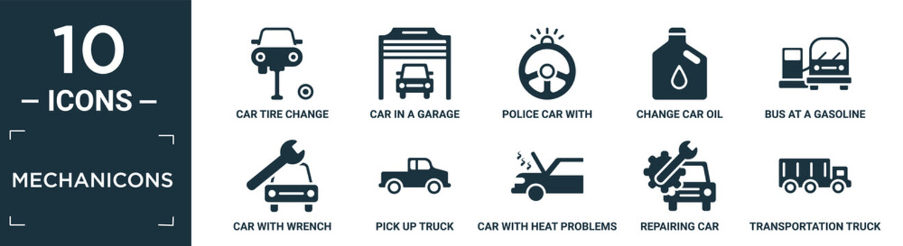 filled mechanicons icon set. contain flat car tire change, car in a garage, police car with steering wheel, change oil, bus at a gasoline station, with wrench, pick up truck, with heat problems,.