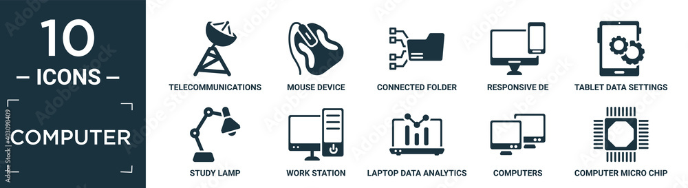 Poster filled computer icon set. contain flat telecommunications, mouse device, connected folder data, resp