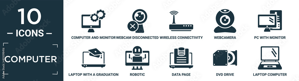 Poster filled computer icon set. contain flat computer and monitor tools, webcam disconnected, wireless con