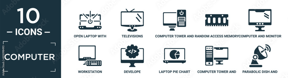 Poster filled computer icon set. contain flat open laptop with shining screen, televisions, computer tower 