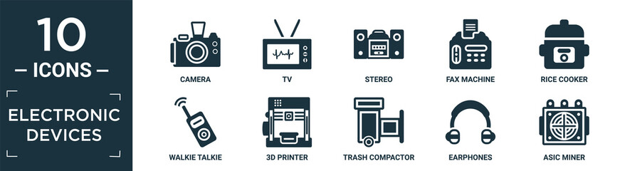 filled electronic devices icon set. contain flat camera, tv, stereo, fax machine, rice cooker, walkie talkie, 3d printer, trash compactor, earphones, asic miner icons in editable format..