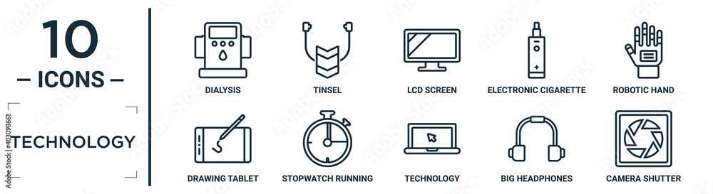 Aufkleber technology linear icon set. includes thin line dialysis, lcd screen, robotic hand, stopwatch running