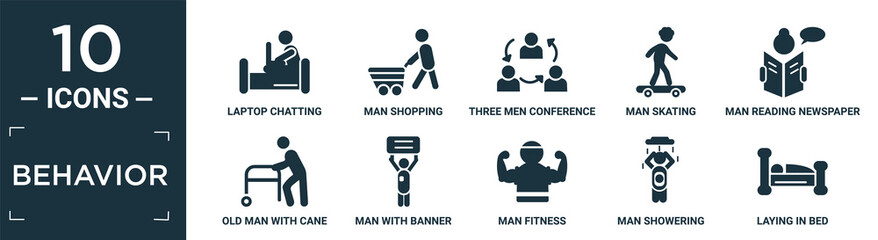 filled behavior icon set. contain flat laptop chatting on bed, man shopping, three men conference, man skating, man reading newspaper, old with cane, with banner, fitness, showering, laying in bed.