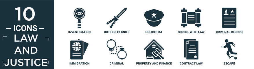 filled law and justice icon set. contain flat investigation, butterfly knife, police hat, scroll with law, criminal record, immigration, criminal, property and finance, contract law, escape icons in.