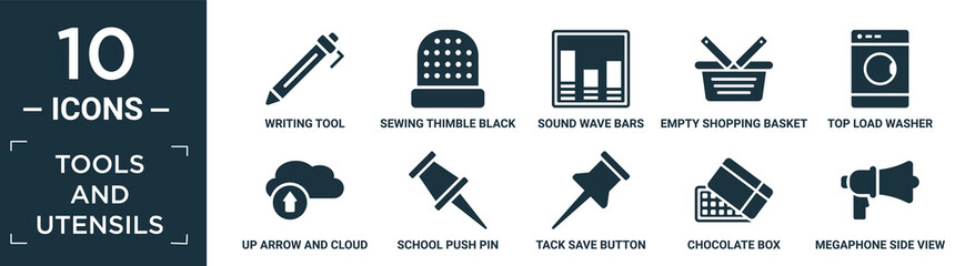 filled tools and utensils icon set. contain flat writing tool, sewing thimble black variant, sound wave bars, empty shopping basket, top load washer, up arrow and cloud, school push pin, tack save.