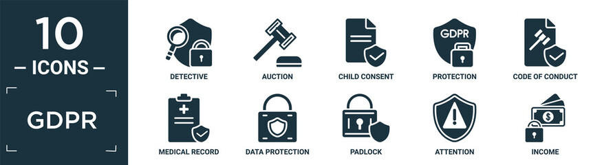 filled gdpr icon set. contain flat detective, auction, child consent, protection, code of conduct, medical record, data protection, padlock, attention, income icons in editable format..