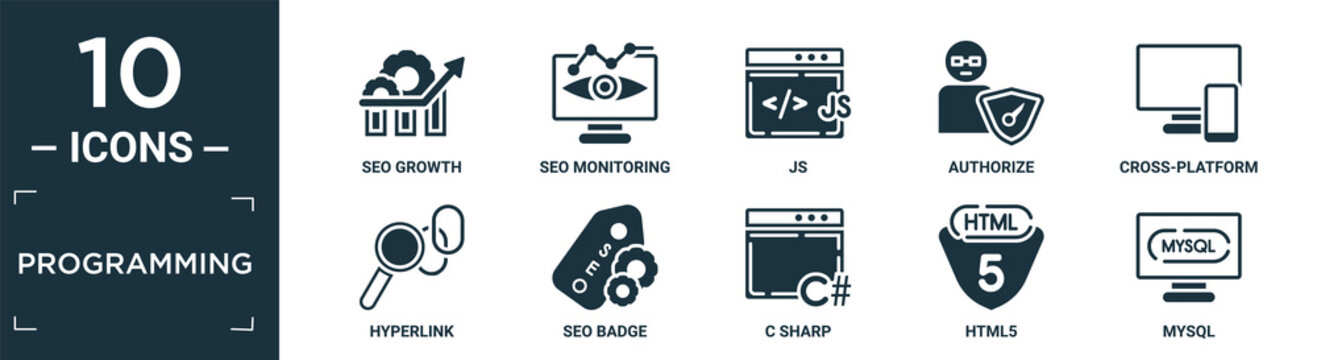 filled programming icon set. contain flat seo growth, seo monitoring, js, authorize, cross-platform, hyperlink, seo badge, c sharp, html5, mysql icons in editable format..