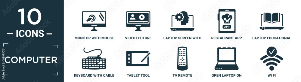 Poster filled computer icon set. contain flat monitor with mouse cursor, video lecture, laptop screen with 