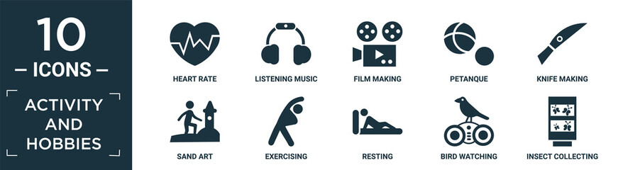 filled activity and hobbies icon set. contain flat heart rate, listening music, film making, petanque, knife making, sand art, exercising, resting, bird watching, insect collecting icons in editable.