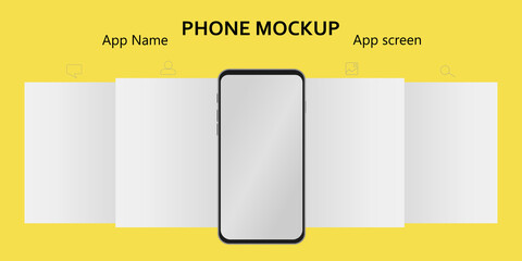 Mockup carousel interface post on trendy yellow background. Web app ui display template. App screens and icons. Phone with empty screen. Vector illustration.