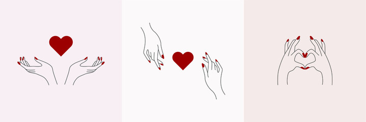 Abstract love hands set. Minimal female outline fingers heart shape, self care tattoo design, linear beauty sticker. Vector illustration
