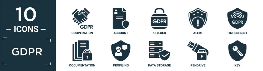 filled gdpr icon set. contain flat cooperation, account, keylock, alert, fingerprint, documentation, profiling, data storage, pendrive, key icons in editable format..