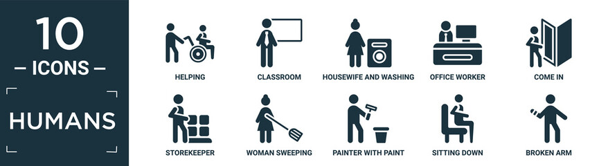 filled humans icon set. contain flat helping, classroom, housewife and washing machine, office worker, come in, storekeeper, woman sweeping, painter with paint bucket, sitting down, broken arm icons.