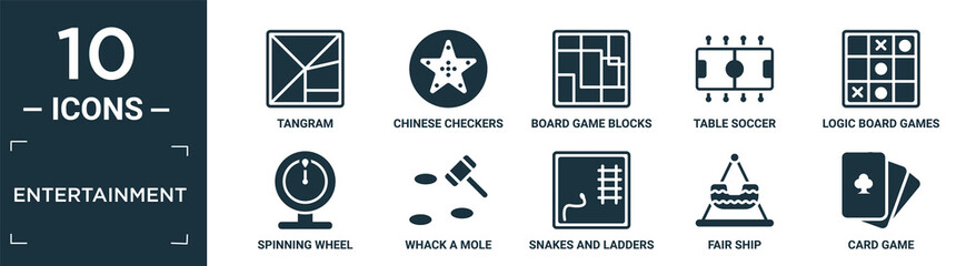 filled entertainment icon set. contain flat tangram, chinese checkers, board game blocks, table soccer, logic board games, spinning wheel, whack a mole, snakes and ladders, fair ship, card game.