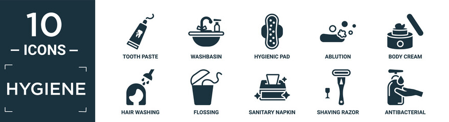 filled hygiene icon set. contain flat tooth paste, washbasin, hygienic pad, ablution, body cream, hair washing, flossing, sanitary napkin, shaving razor, antibacterial icons in editable format..