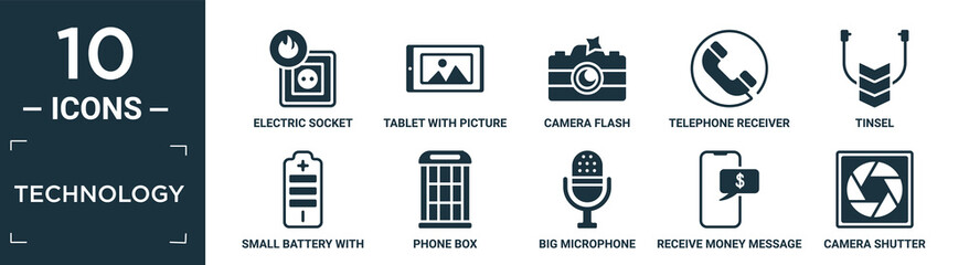 filled technology icon set. contain flat electric socket on fire, tablet with picture, camera flash, telephone receiver, tinsel, small battery with medium charge, phone box, big microphone, receive. - obrazy, fototapety, plakaty