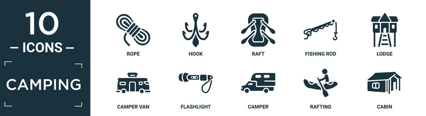 filled camping icon set. contain flat rope, hook, raft, fishing rod, lodge, camper van, flashlight, camper, rafting, cabin icons in editable format..