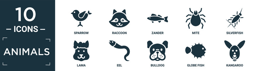 filled animals icon set. contain flat sparrow, raccoon, zander, mite, silverfish, lama, eel, bulldog, globe fish, kangaroo icons in editable format..
