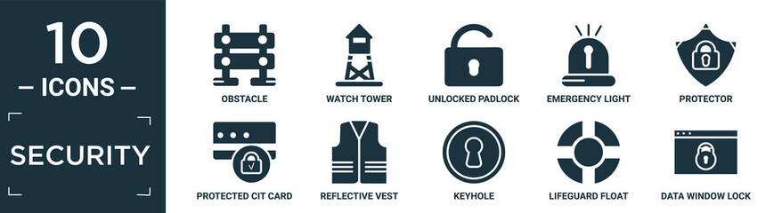 filled security icon set. contain flat obstacle, watch tower, unlocked padlock, emergency light, protector, protected cit card, reflective vest, keyhole, lifeguard float, data window lock icons in.