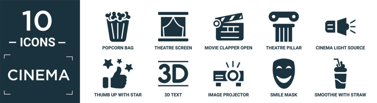 filled cinema icon set. contain flat popcorn bag, theatre screen, movie clapper open, theatre pillar, cinema light source, thumb up with star, 3d text, image projector, smile mask, smoothie with.