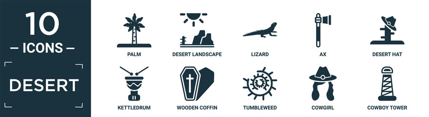 filled desert icon set. contain flat palm, desert landscape, lizard, ax, desert hat, kettledrum, wooden coffin, tumbleweed, cowgirl, cowboy tower icons in editable format..