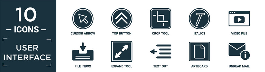 filled user interface icon set. contain flat cursor arrow, top button, crop tool, italics, video file, file inbox, expand tool, text out, artboard, unread mail icons in editable format..