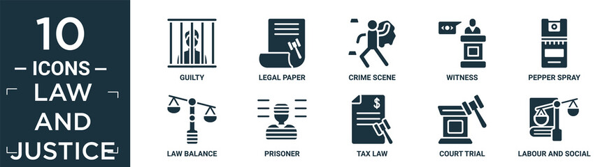 filled law and justice icon set. contain flat guilty, legal paper, crime scene, witness, pepper spray, law balance, prisoner, tax law, court trial, labour and social law icons in editable format..
