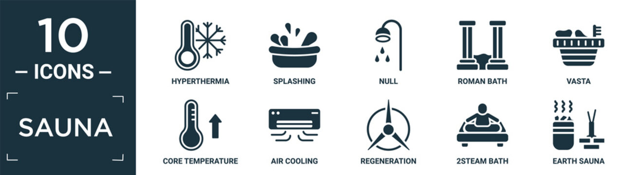 Filled Sauna Icon Set. Contain Flat Hyperthermia, Splashing, Null, Roman Bath, Vasta, Core Temperature, Air Cooling, Regeneration, 2steam Bath, Earth Sauna Icons In Editable Format..