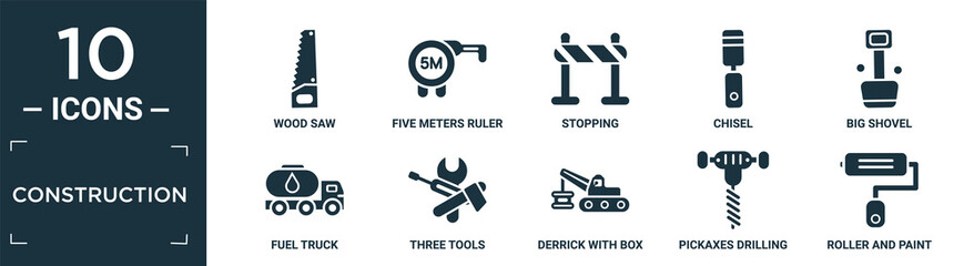 filled construction icon set. contain flat wood saw, five meters ruler, stopping, chisel, big shovel, fuel truck, three tools, derrick with box, pickaxes drilling, roller and paint icons in editable.