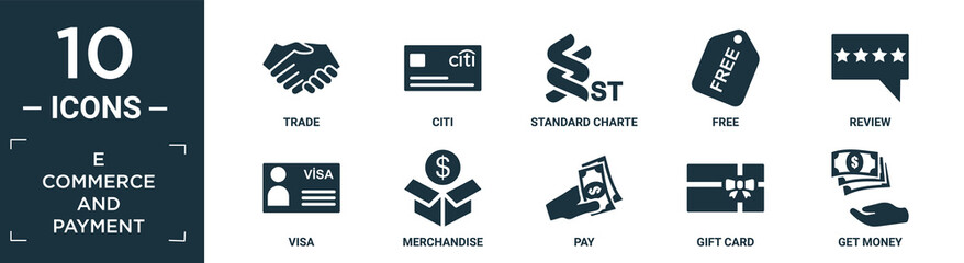 filled e commerce and payment icon set. contain flat trade, citi, standard charte, free, review, visa, merchandise, pay, gift card, get money icons in editable format..